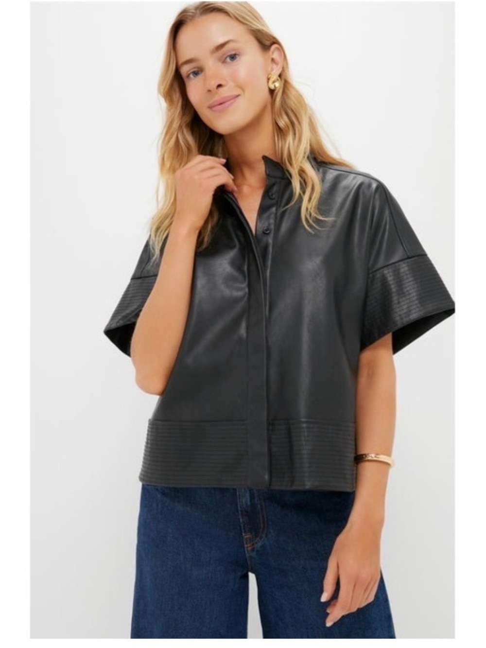 Tuckernuck Black Faux Leather‎ Short Sleeve Shirt Jacket Top Size M Vegan Suede